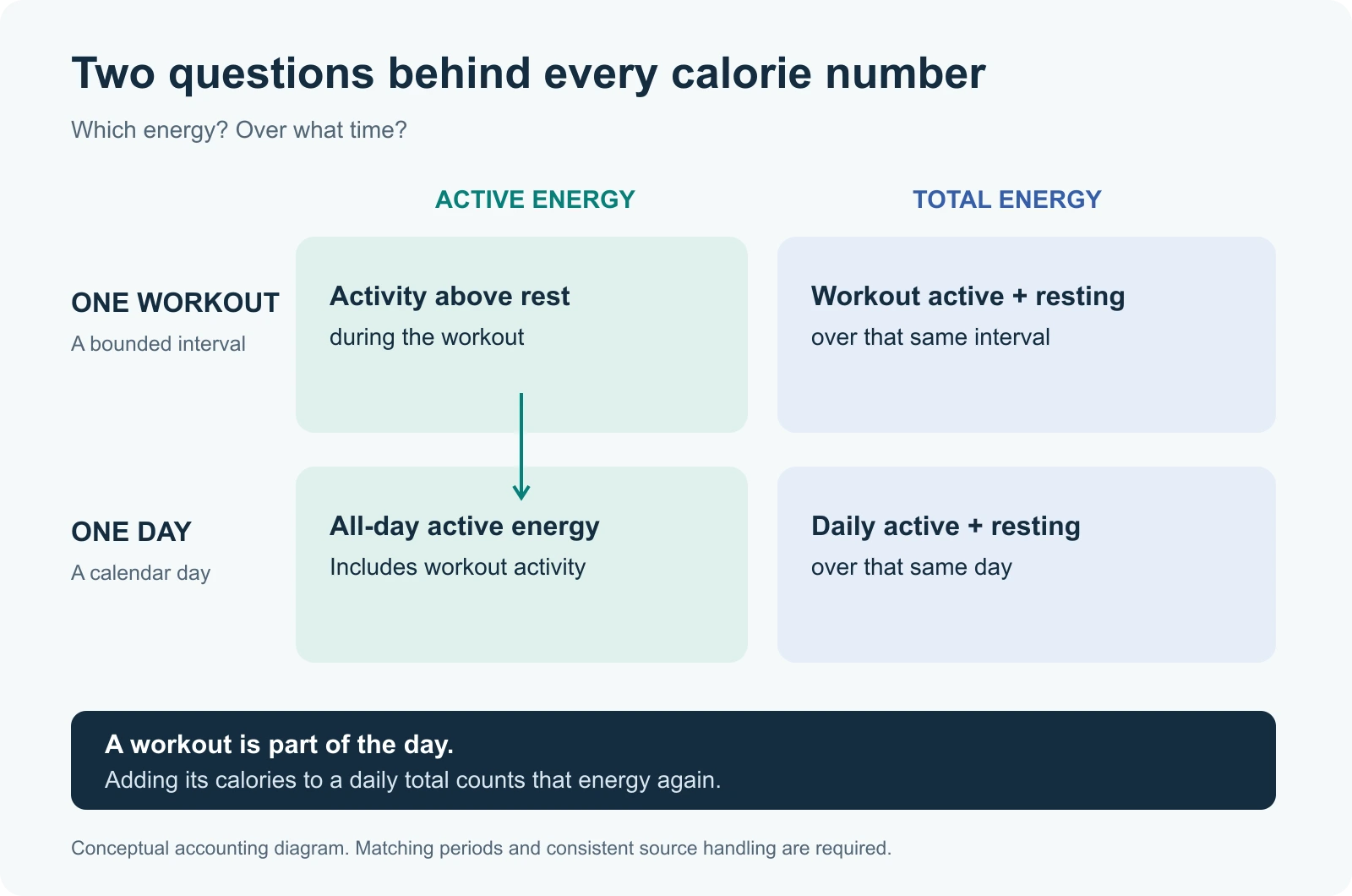 Four-part diagram separating workout active and total energy from daily active and total energy; an arrow shows workout activity included in the day.