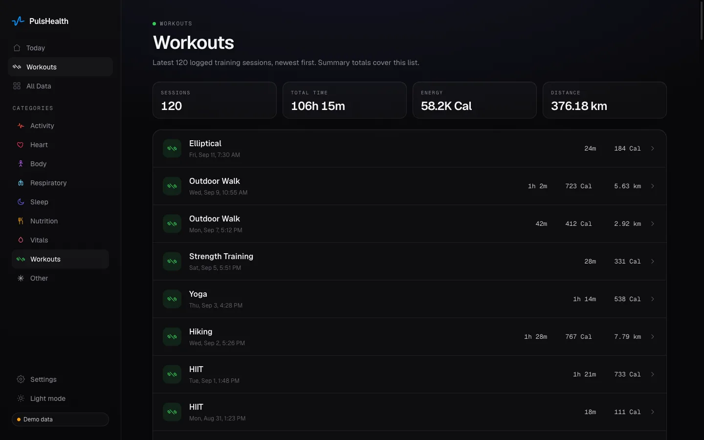 PulsHealth demo workout list with session duration, energy, distance, and totals.