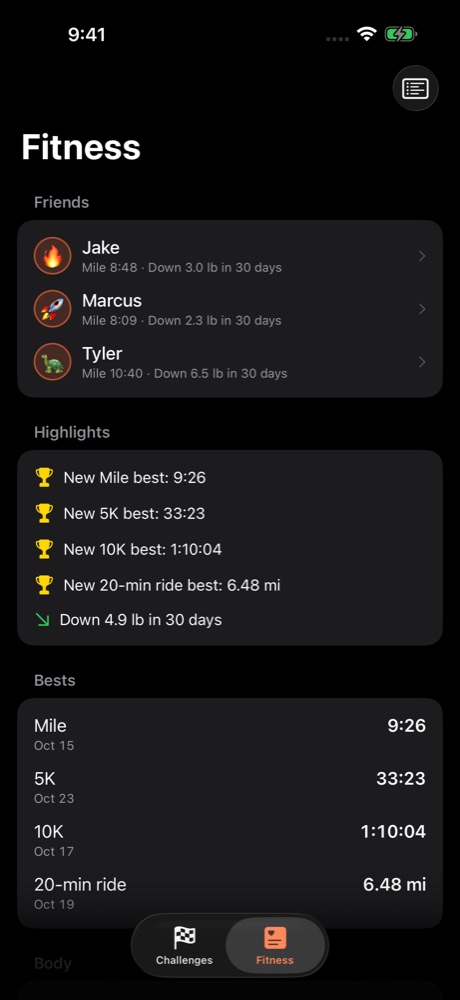 Friend Flex personal Fitness page with running bests, cardio fitness, and activity stats