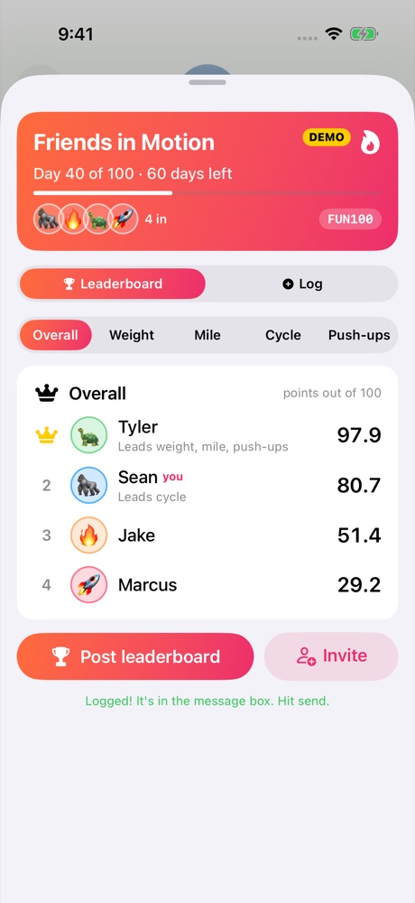 Friend Flex iMessage app with group leaderboard, result logging, and invite controls