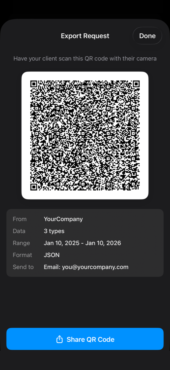 PulsHealth app showing QR code scanning feature for requesting health data exports