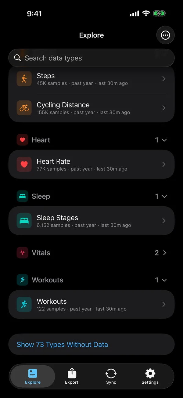 PulsHealth on iPhone, showing Apple Health measurements grouped by category