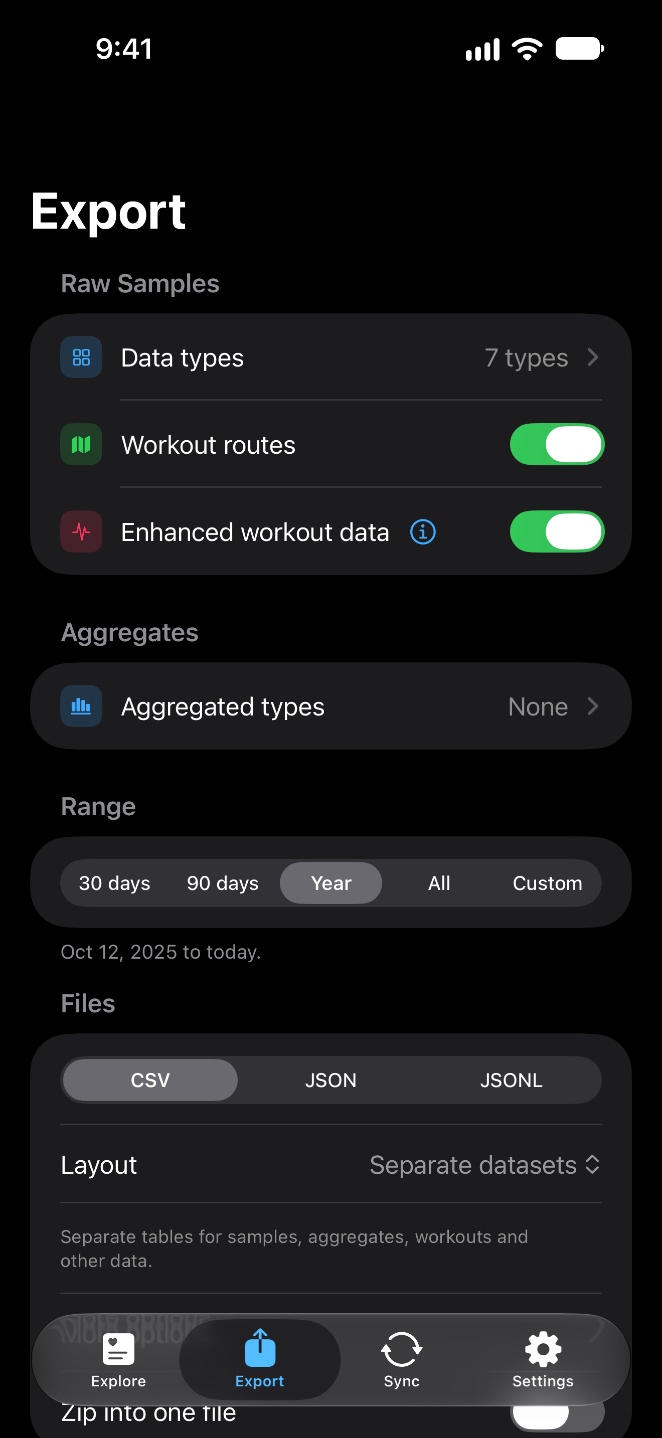 PulsHealth export builder, with controls for health data types, dates, and file format