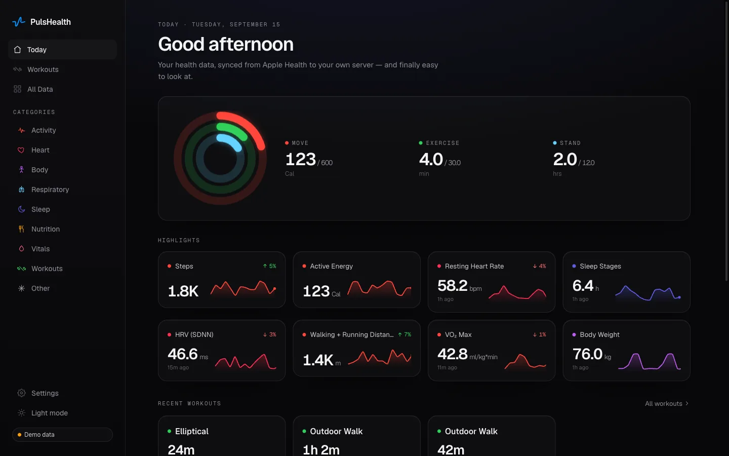 PulsHealth web app: activity rings, daily health metrics, recent workouts, and health categories