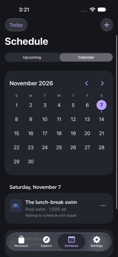 A calendar of scheduled workouts in Watch Workout Pro